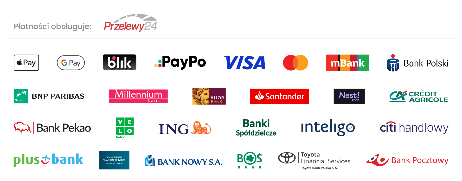 Logotypy metod płatności dostępnych w Przelewy24: BLIK, Apple Pay, Google Pay, PayPo, karty Visa i Mastercard oraz przelewy bankowe
